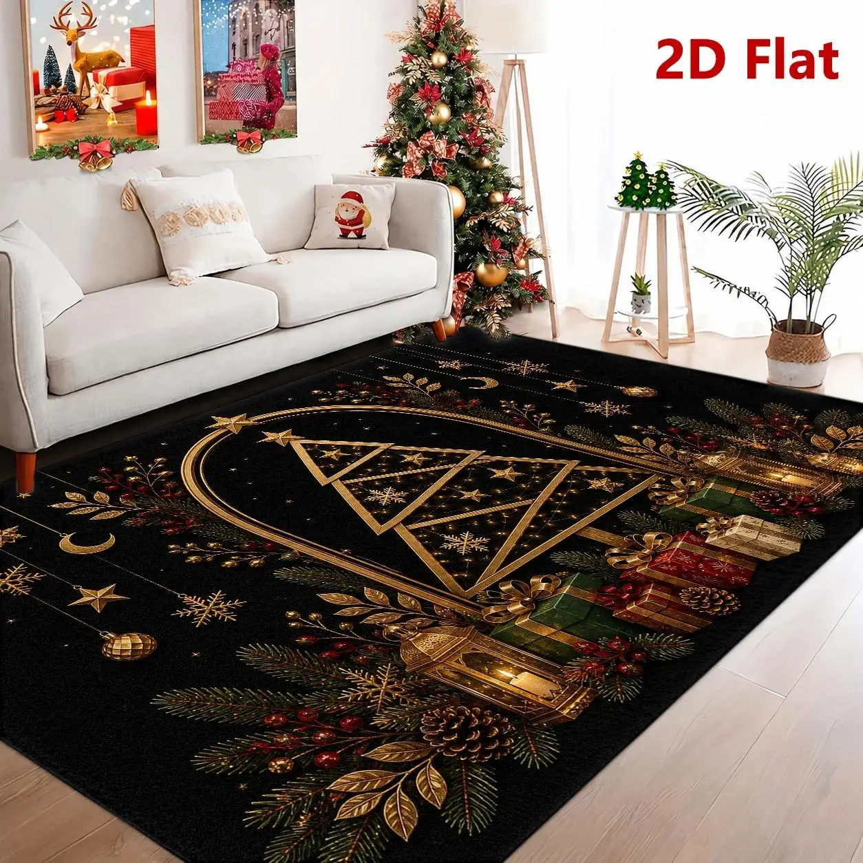 2D Flat Golden Glam Christmas Tree Rug, Large Festive Floor Mat with Star Arch Design, Durable Machine Washable for Living Room