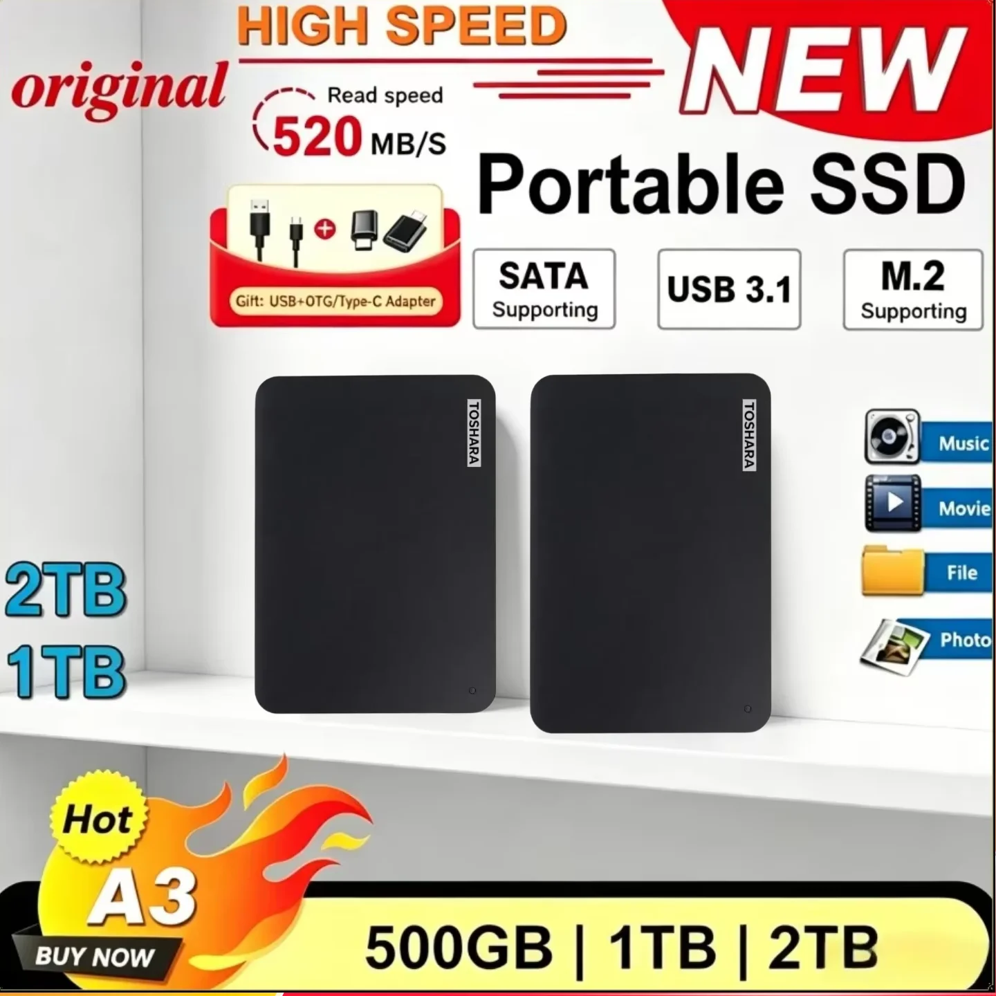 A3 Portable External SSD Hard Drive USB 3.0 Black 500GB 1TB 2TB 4TB Portable Hard Drive for Gaming Console Office and Gift