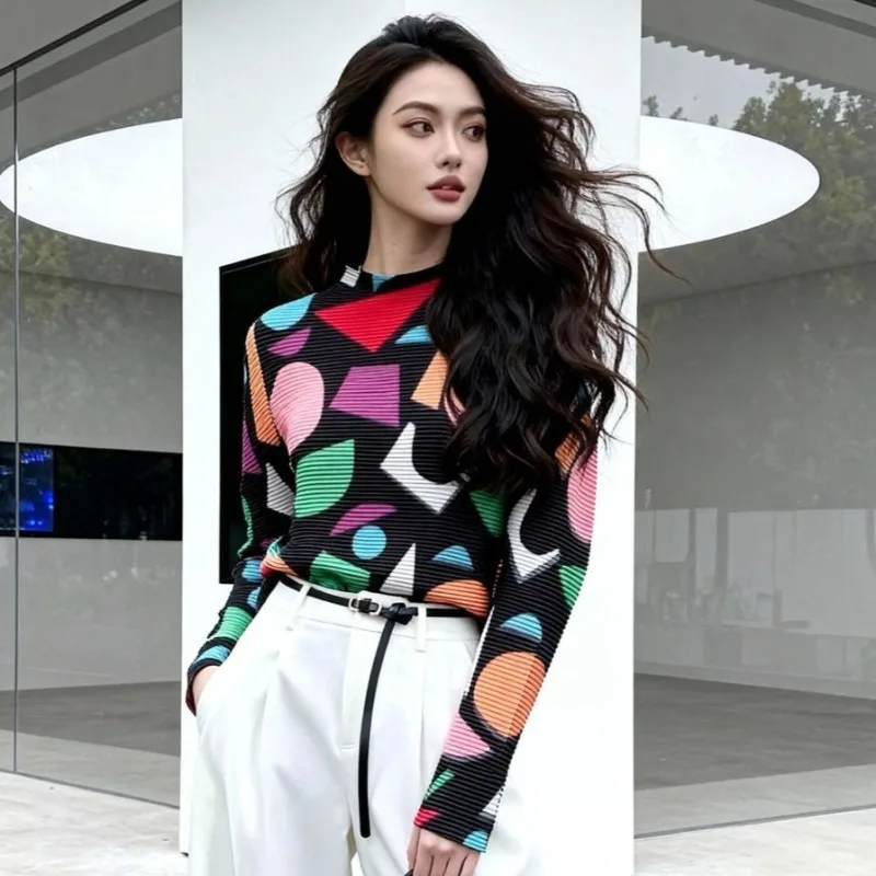 

Miyake Pleated Women's T-shirt 2026 New Geometric Print Long-sleeved Bottom Shirt Light Tight Stretchy Casual Top Fold Clothing