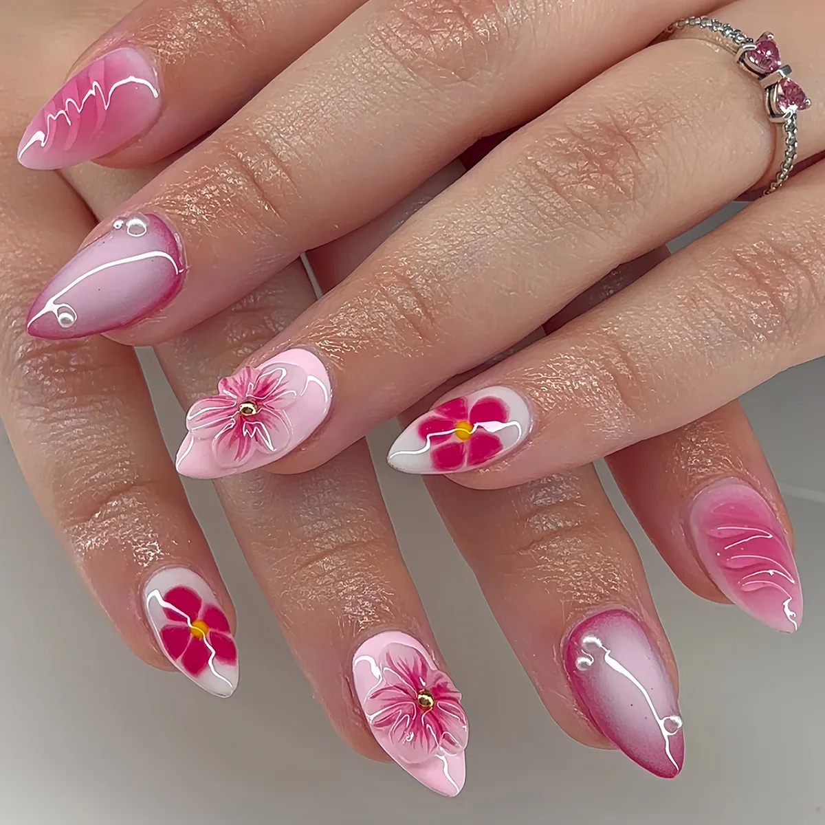 24Pcs Pink Smudge Design Full Cover False Nails Tips 3D Flower Pearl Reusable Fake Nail Mid-length Almond Acrylic Press on Nails