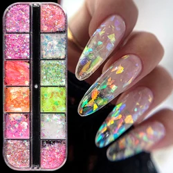 12 Grids Aurora Chameleon Nail Glitter Flakes Irregular Crystal Glass Sequins Powder Shiny Mermaid Paillette Nail Art Decoration