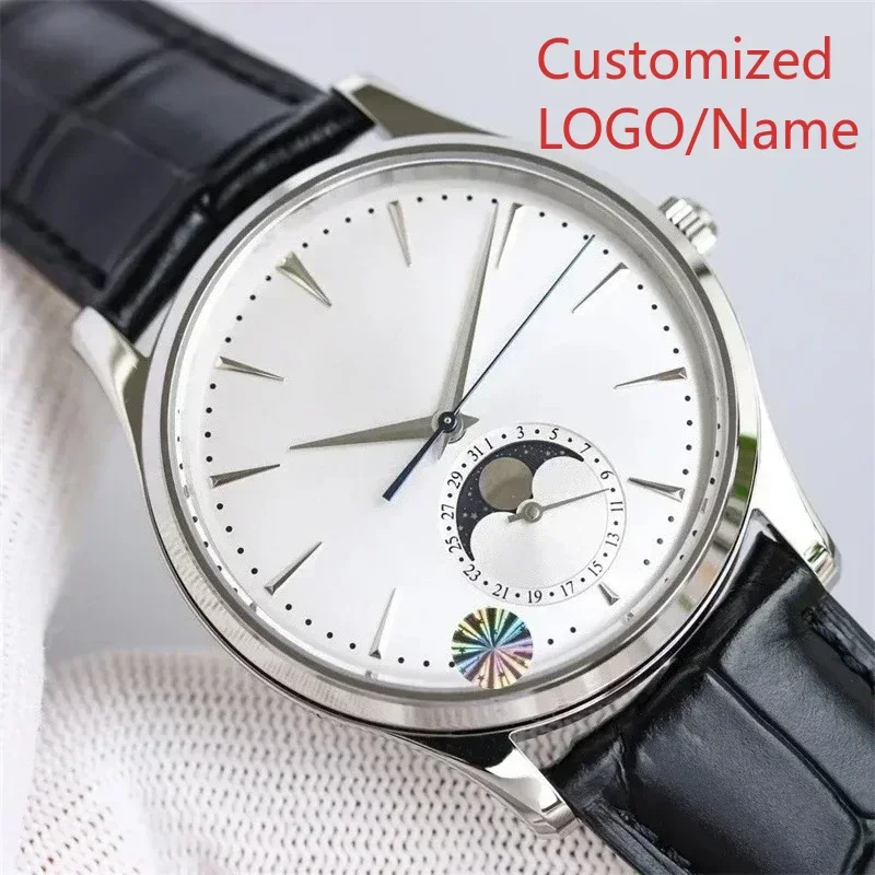 ساعة يد ميكانيكية أوتوماتيكية فاخرة للرجال من الفولاذ المقاوم للصدأ باللون الأسود والأزرق من الجلد MoonPhase ساعة يد رياضية مخصصة