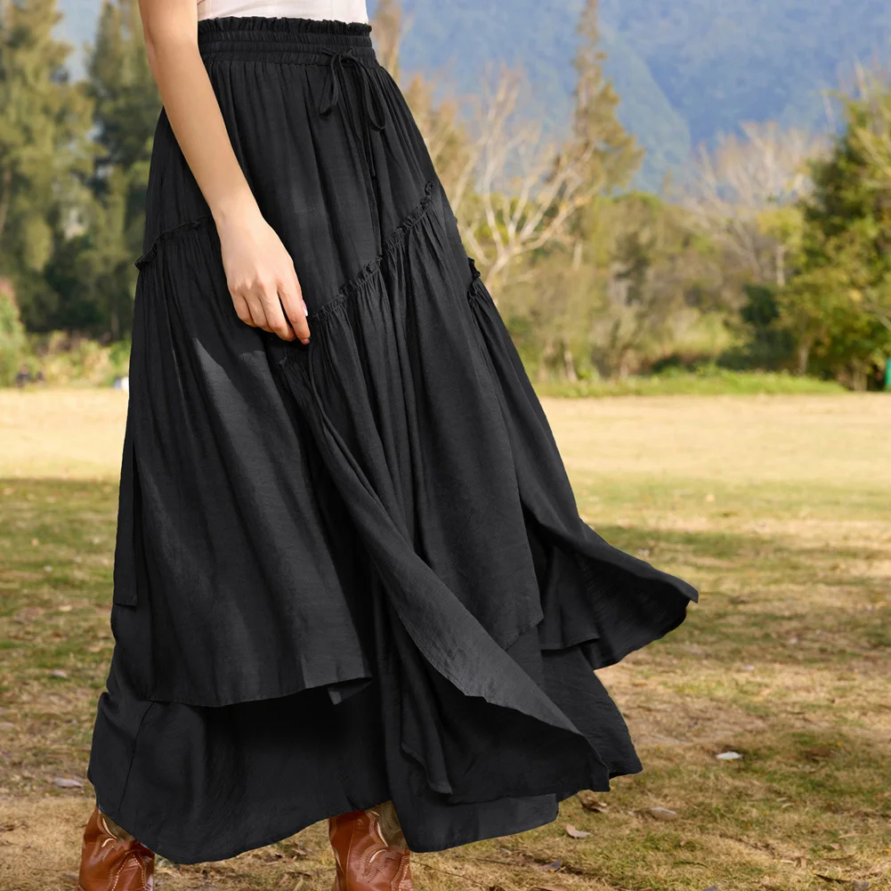 SD Women Skirts High Waisted Retro Renaissance Overlay Decorated Skirt Drawstring Waist Swing Skirt Irregular Hem Skirt