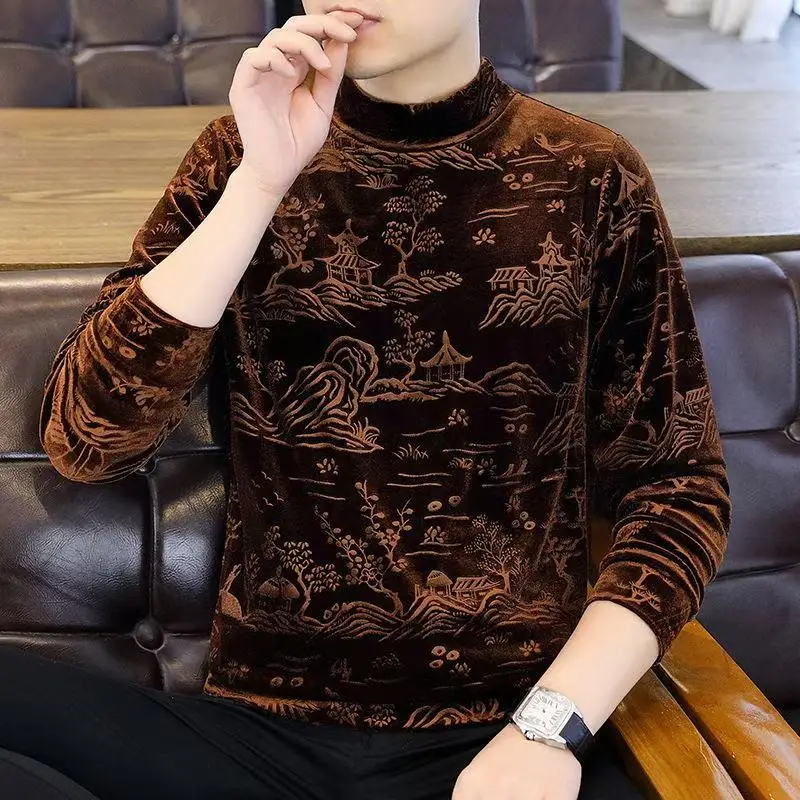 High-end Gold Velvet Sweater Men's Autumn and Winter Casual Long Sleeve T-Shirt Undershirt High Quality Men's Top