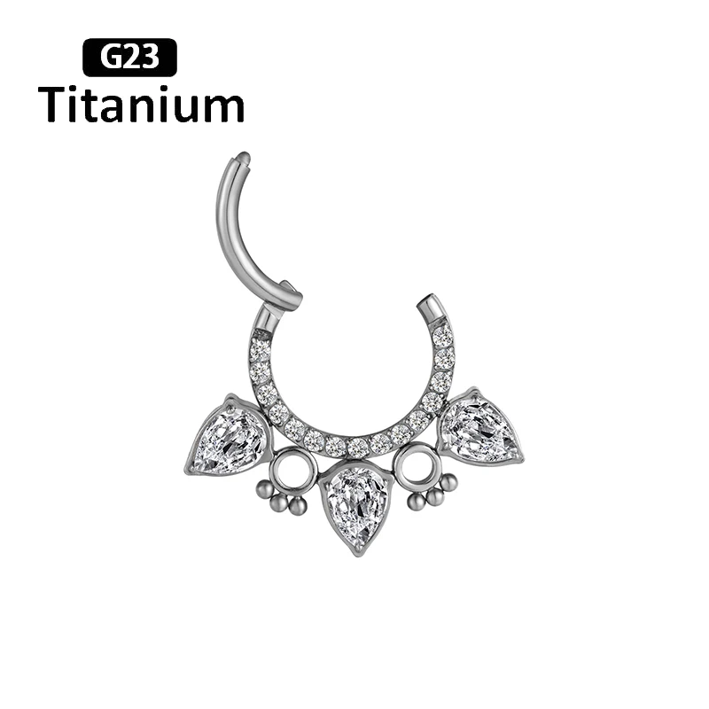 G23 Titanium Hight Segment Ring  front side is inlaid with three zircon water droplets Open Small Septum Nose Earring Piercing