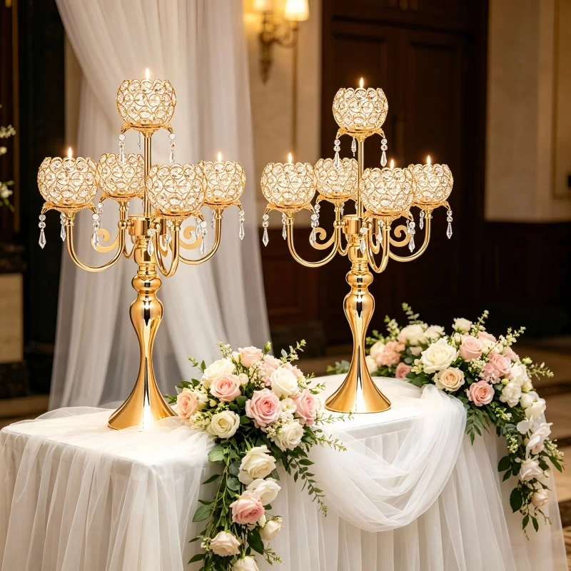 Luxury 5-Arm Crystal Candelabra Gold/Silver Candle Stand with Crystal Cups & Hanging Beads for Wedding Centerpiece