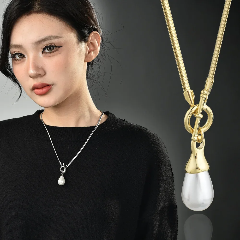 

2025 Water drop pearl long necklace for women, light luxury, stackable, universal buckle, snake bone chain, collarbone chain