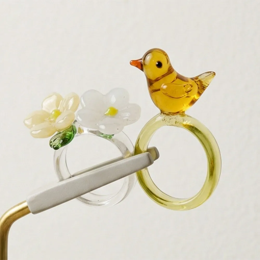 Fashion Handmade Glass Bird Ring Childishness Exquisite Flowers Finger Ring Vintage Cute Coloured Glaze Ring Girls