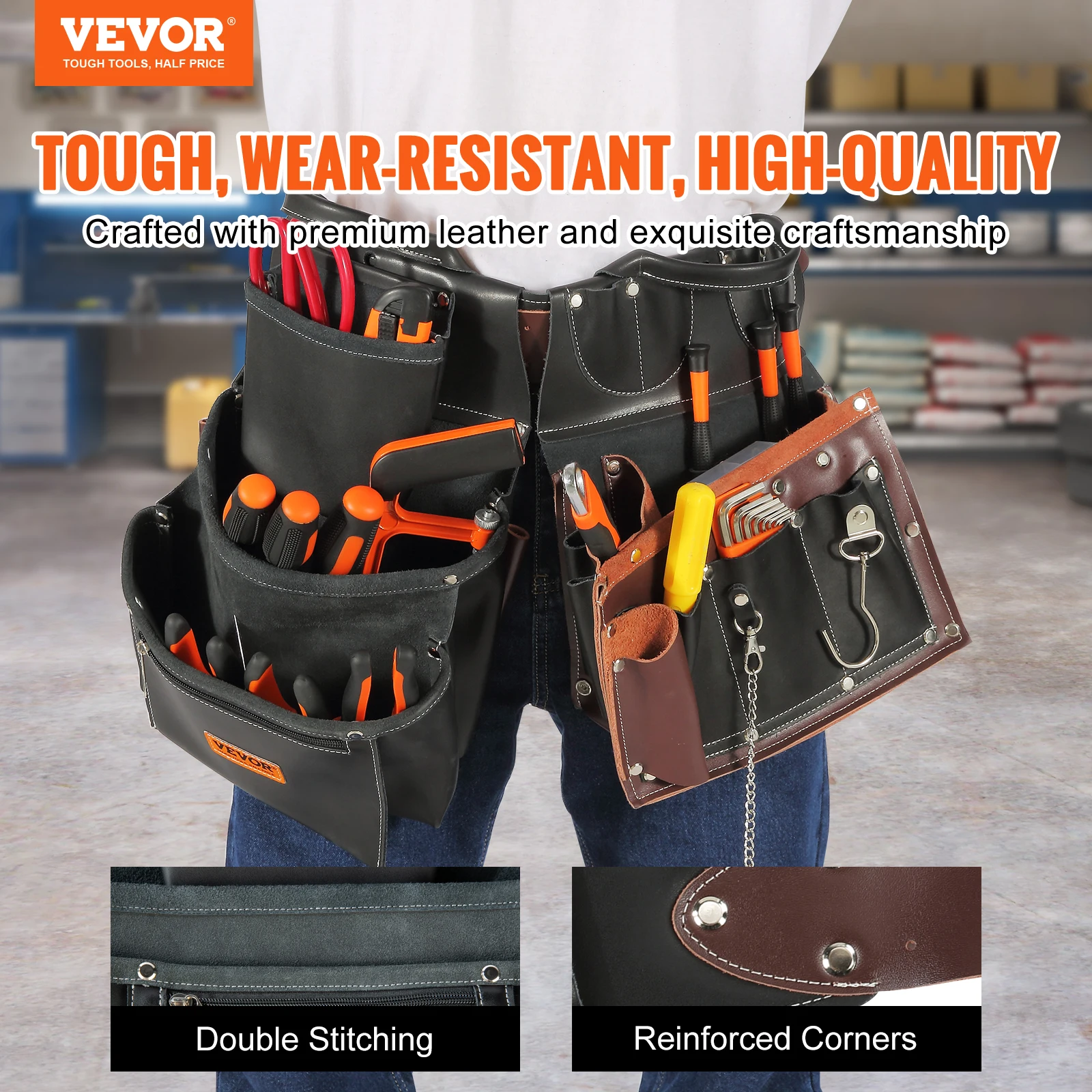 VEVOR 31 Pockets Tool Belt Pounch Adjusts 32 In to 54 In Leather Detachable Tool Storge Bag for Electrician Carpenter Handyman