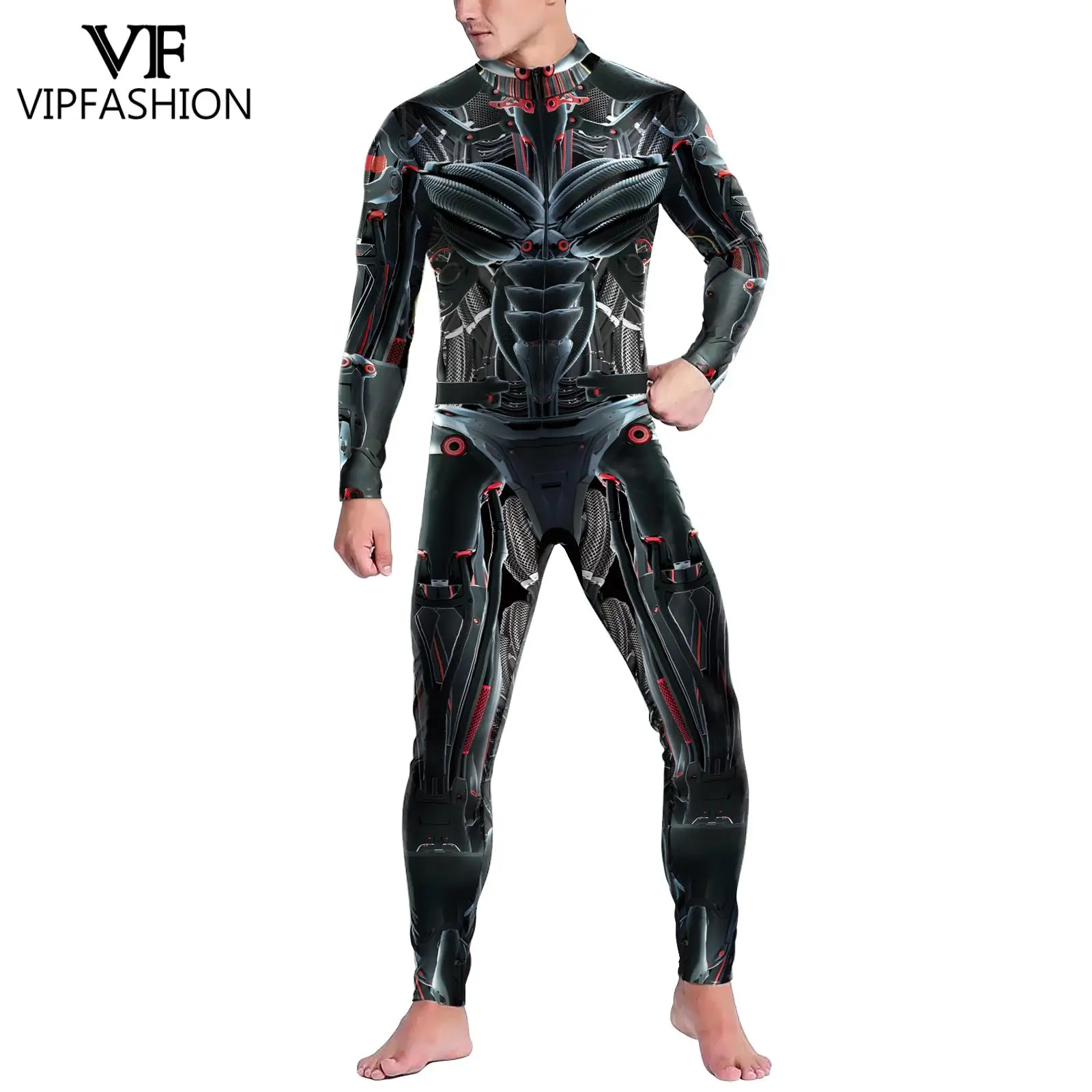 VIP FASHION Zentai Suit for Men Festival Catsuit Front Zipper Punk Jumpsuit Print Robot Cosplay Bodysuit Holiday Party Clothes