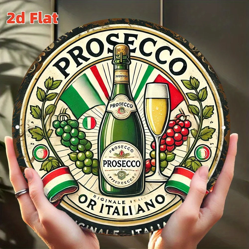 Letrero de metal de aluminio con diseño de logotipo de Prosecco italiano, emblema de vid de Prosecco y colores de bandera italiana, estilo de logotipo de vino redondo, plano 2D