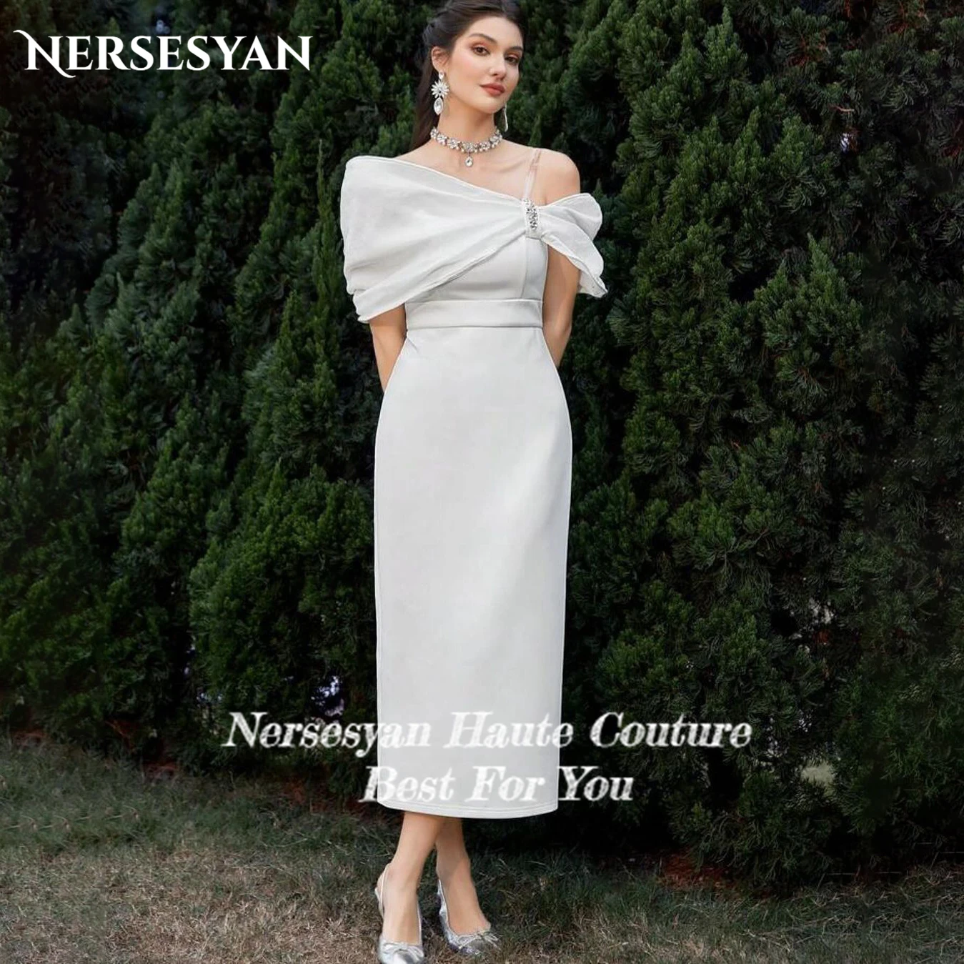 Nersesyan Elegant Solid Wedding Dresses Off Shoulder Bow Pleated Glitter Sheath Bridal Gowns Backless Tea Length Bride Dress