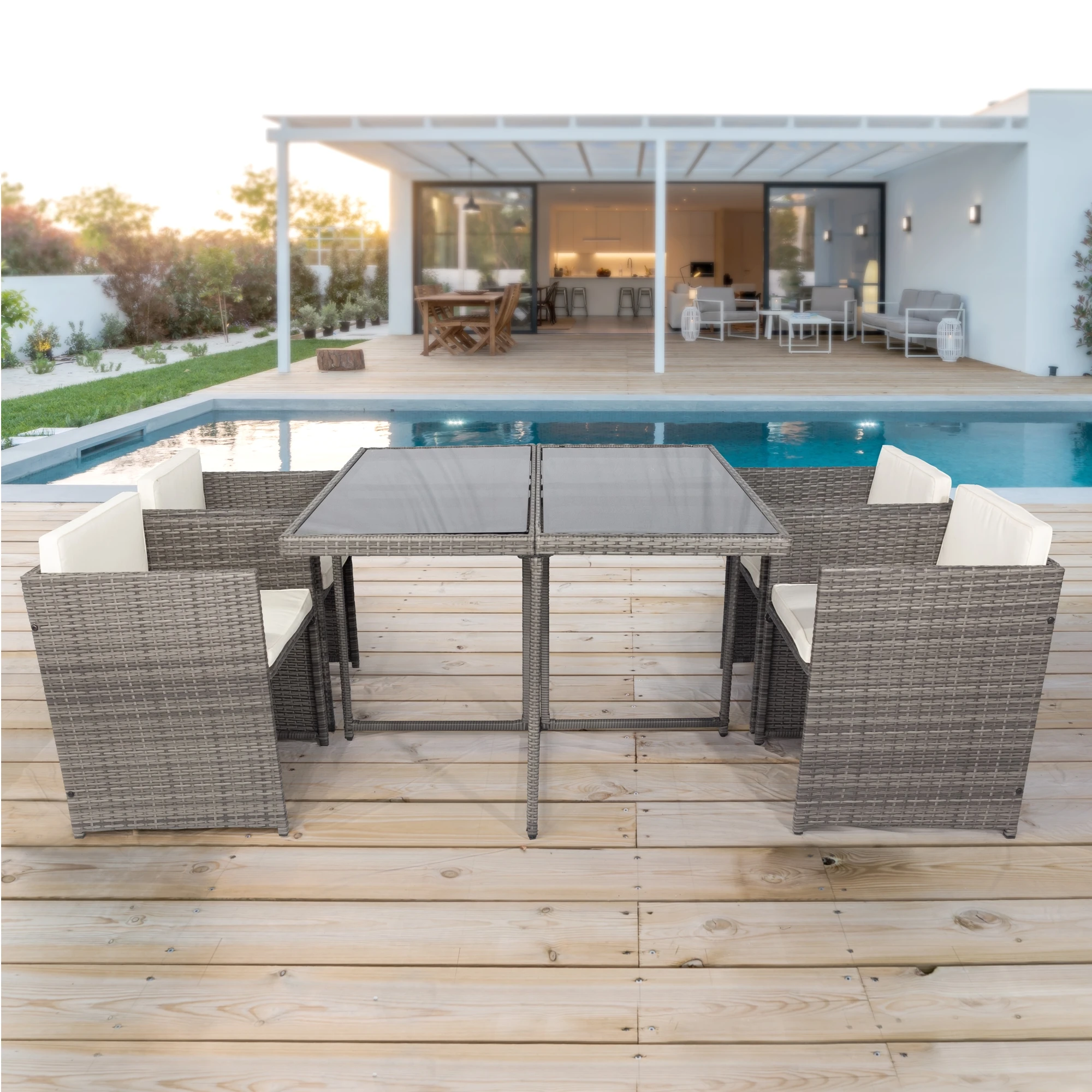 

5 Piece Small Patio Dining Set, Outdoor Space Saving PE Wicker Dining Patio Furniture Conversation Set Glass Patio Dining Table