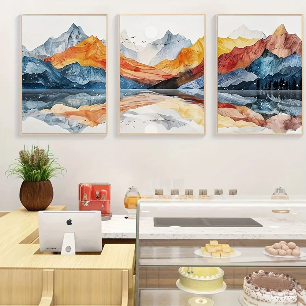 Set of 3 Unframed Boho Watercolor Mountain Art Prints for Modern Abstract Nature Decor in Bedroom, Office, Or Living Room