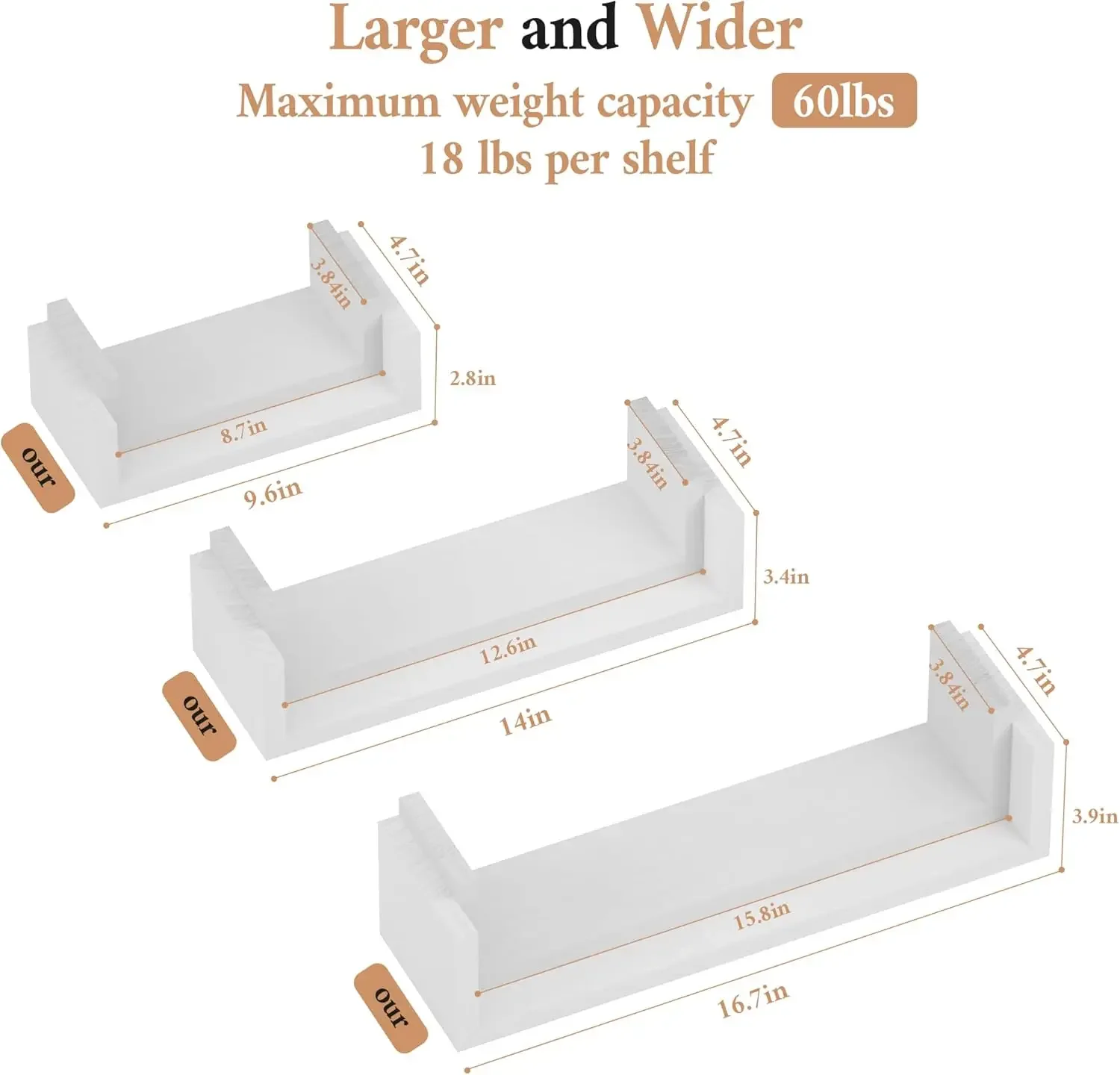 أرفف عائمة مثبتة على الحائط، أرفف حائط من الخشب الصلب، بيضاء #3