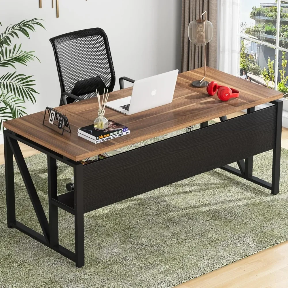 

63 inches Computer Desk with Bottom Storage Shelf Home Office Desk Writing Table for Workstation,Dark Walnut + Steel Leg