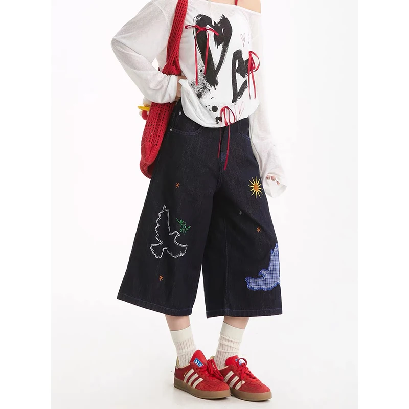 

ZHIZOU Blue Y2k Vintage 2000s Baggy Jeans Shorts Woman Streetwear Korean Harajuku Gothic Oversized Denim Pants Embroidery Summer
