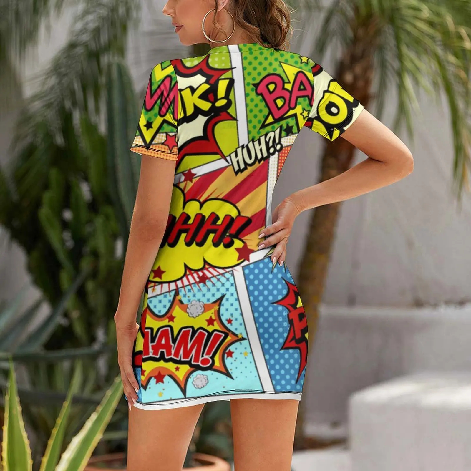 Panels Crazy Colorful Comic Book Panels Classic Unique Exotic  Woman's Gown Short Sleeved Dress Funny Novelty Cocktails Dresses