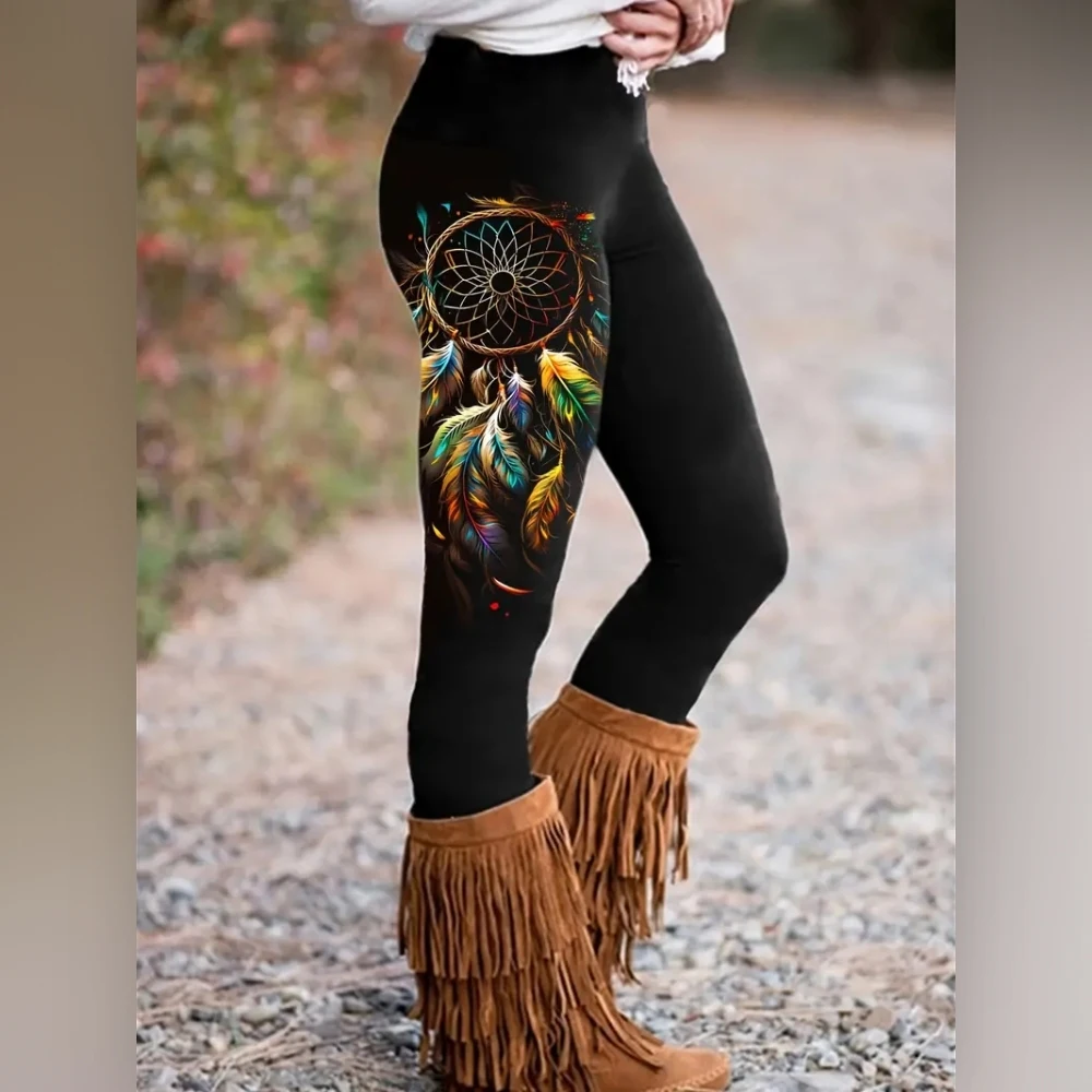 Dreamcatcher print elastic elastic waist slim casual leggings for women