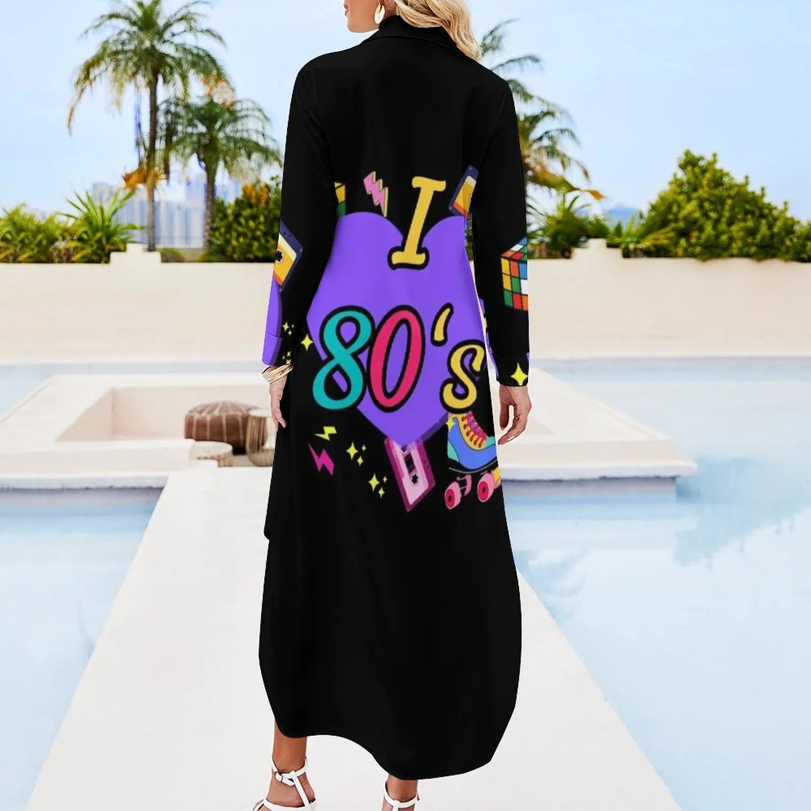 I love 80's Girl 1980s Fashion Theme Party Outfit Eighties Costume Long Sleeved Shirt Dress women's summer jumpsuit