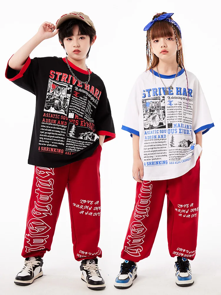 

Kid Hip Hop Clothing Letters Graphic Tee Oversized T Shirt Top Red Sweat Jogger Pants for Girls Boys Jazz Dance Costume Clothes