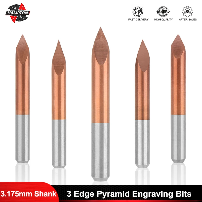 

10pcs 3.175mm Shank 3 Edge Pyramid Engraving Bits 20-90 Degrees Tip 0.1-0.3mm 3D Milling Cutter TiCN Coating Carving Bits