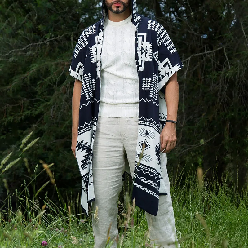 2026 Spring Summer New Men Fashion Desin Hooded Printed Casual Cloak Coat Multicolor Loose Outerwear
