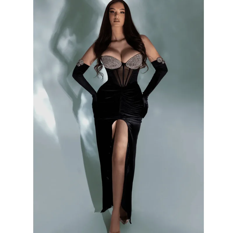 Abito da festa da socialite con spacco nero trasparente senza spalline sexy con strass lucidi di nuovo arrivo
