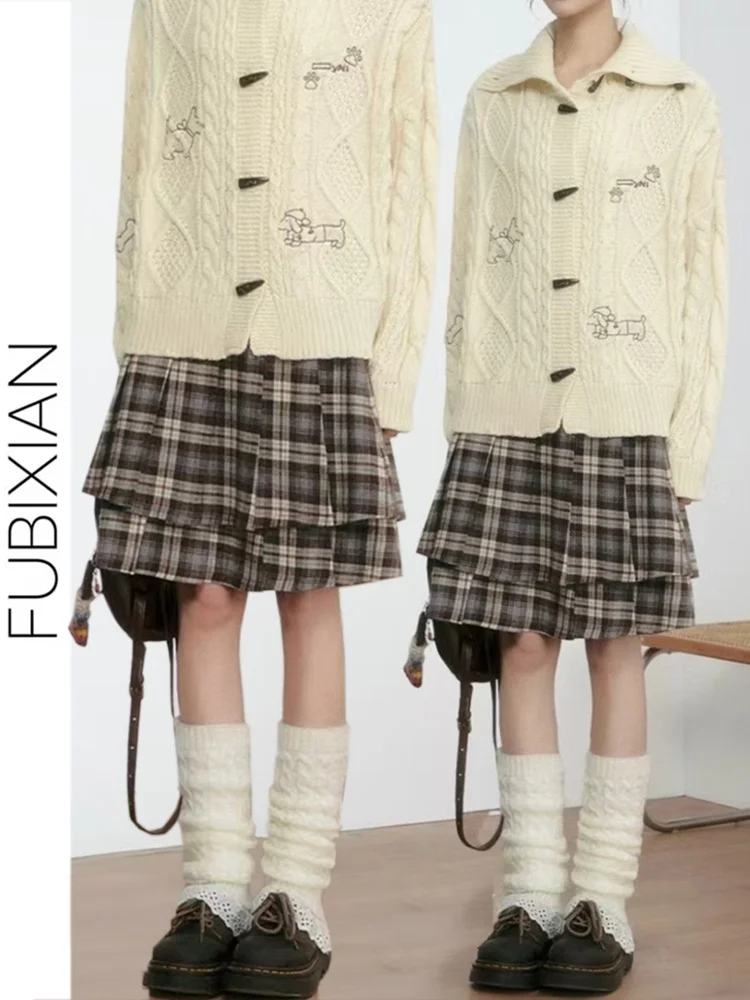 

Стильная молодежная юбка-трапеция с высокой талией в клетку, ретро, универсальная, плиссированная, многоярусная, средней длины, для девушек и женщин