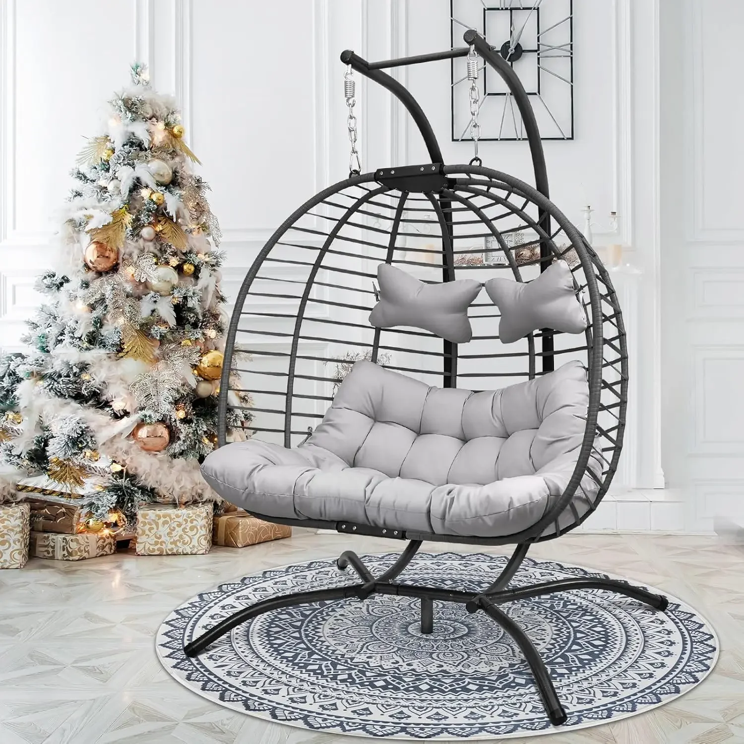 

Nicesoul® 2 Person Double Egg Chair, Outdoor Patio Wicker Loveseat Hanging Chair Swing Egg Chairs With Grey Cushions Double