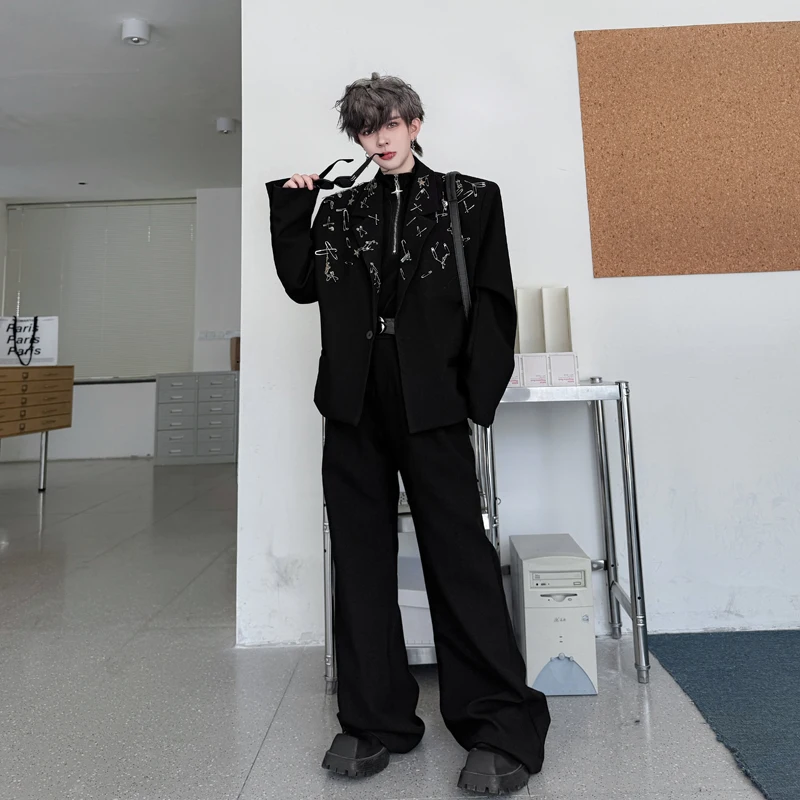 

Metal Pin Decorated oulder Pad Suit Set Men's High Waist Wide Leg Pants Trendy Autumn Faion Small Personali