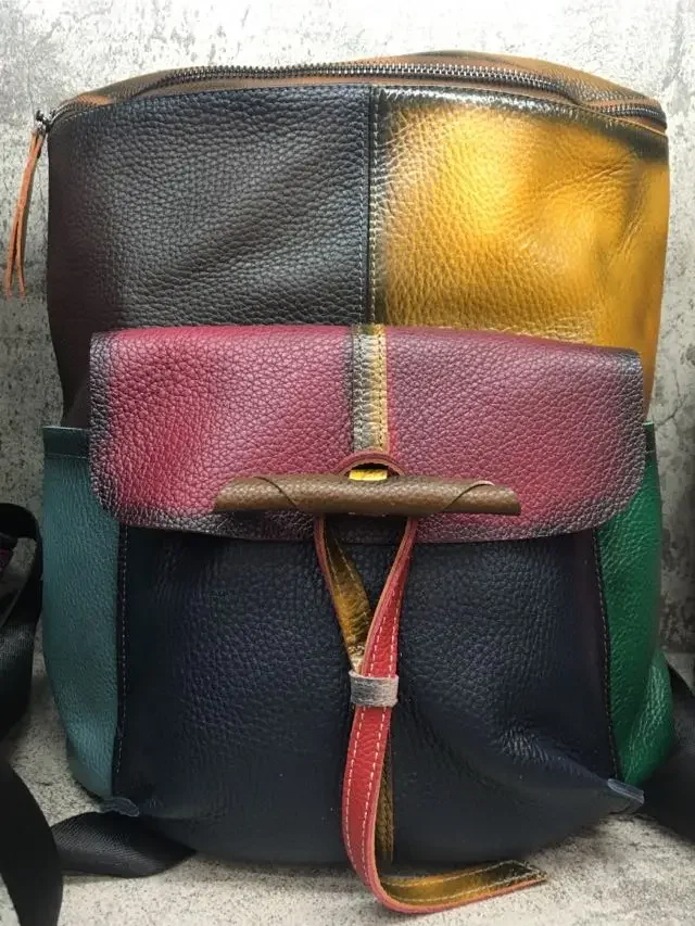 Oversized Women Cowhide Leather Big Capacity Backpack Travel Vintage Genuine Leather Laptop Stylish Patchwork Multicolor Bagpack