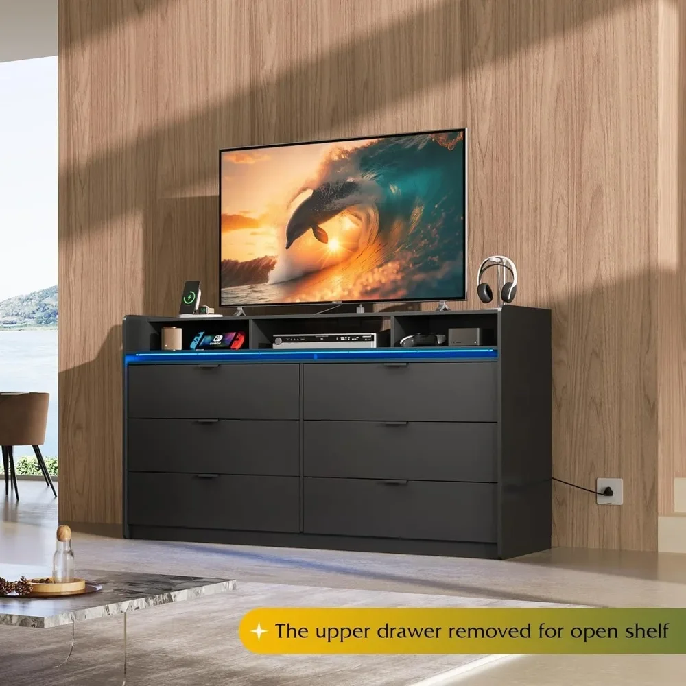 

9 Drawer LED Dresser, 58.35 Inch Black Wood Dresser Storage Organizer with Power Outlet, Dresser with Open Shelves