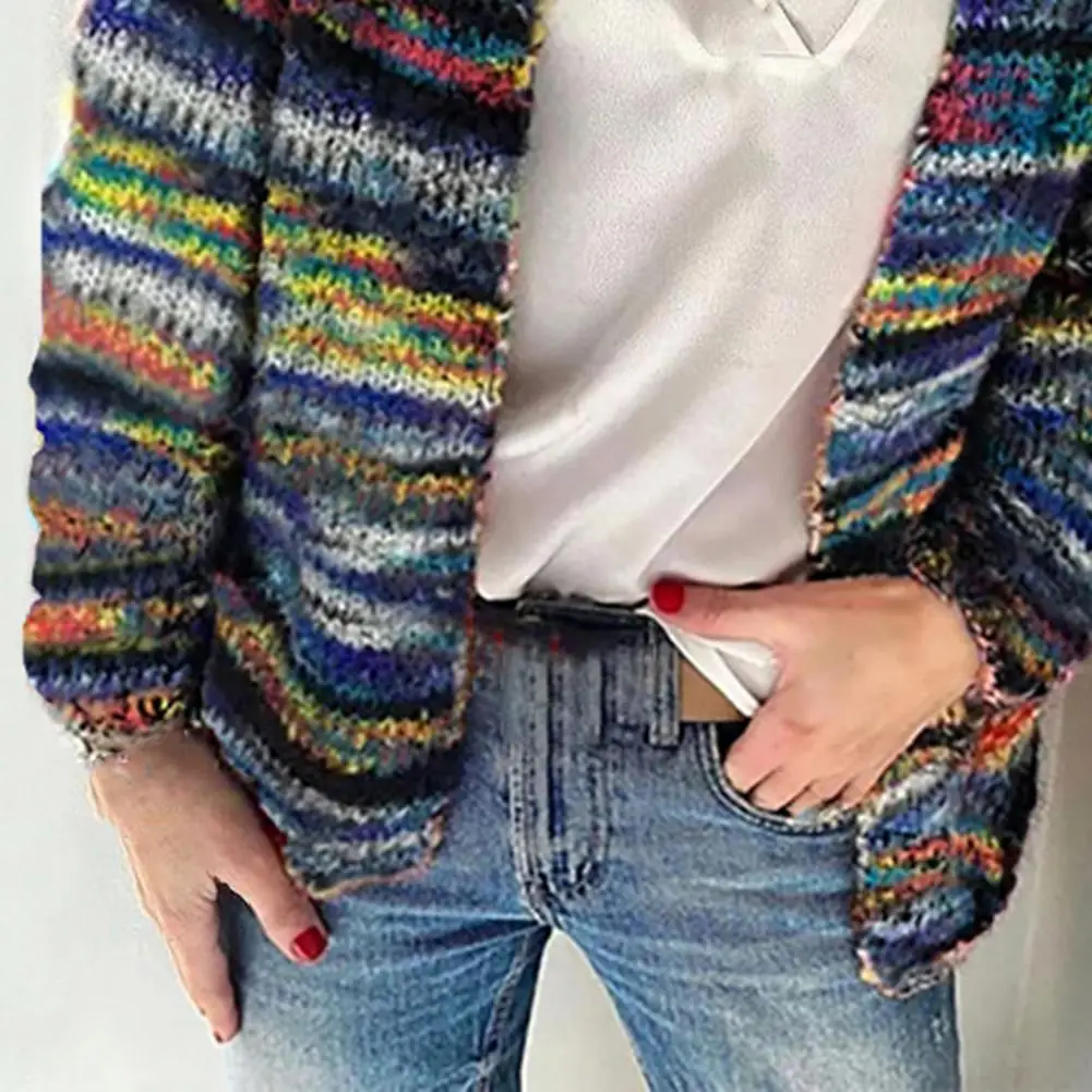 Autumn Vintage Sweater Cardigan Women Long Sleeve Knitted Rainbow Stripes Knitted Coat Ladies Office