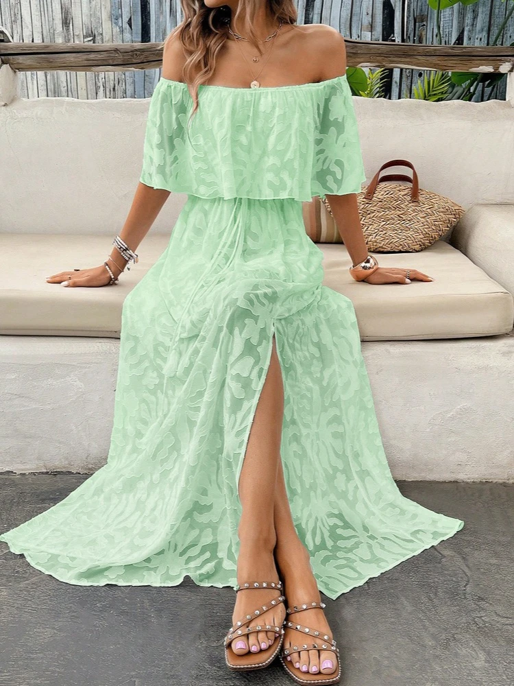 Robe longue en dentelle bohème pour femmes, blanche, plage, ample, sans bretelles, asymétrique épaule dénudée, couleur unie, Sexy, nouvelle collection été 2025