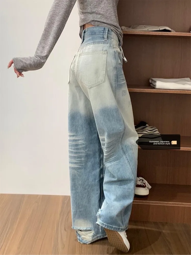 

Loose High Waist Wide Leg Women's Jeans Light Wash Faded Denim Retro American Street Style Summer Casual Straight Cut Trousers