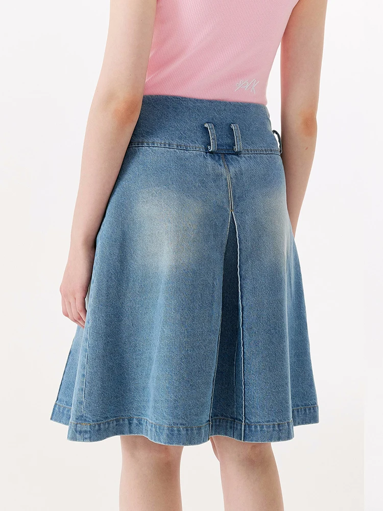 REDDACHiC Women Acubi Fashion Knee-length Denim Pleated Skirt Stylish Casual Plain Midi Long Jean Skirt Blue Vintage Y2k Clothes