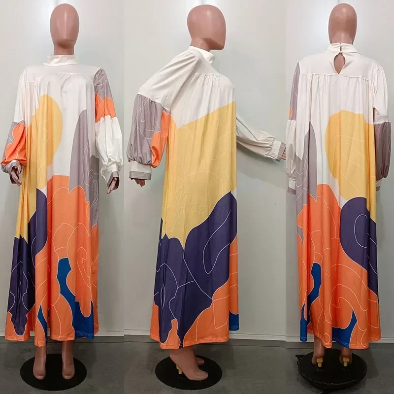 Spring Autumn Printing Loose Oversized Long Dresses Women Clothing Lantern Sleeve Big Swing Casual Maxi Dress Vestidos Longos