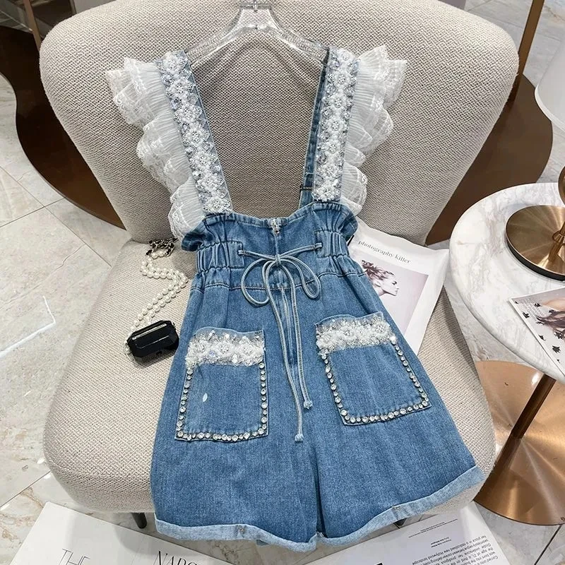 Summer New Denim Overalls Women Shorts High Quality Beads Ruffles Jean Short Pants Women's Tight Waist Wide Leg Shorts Rompers ﻿