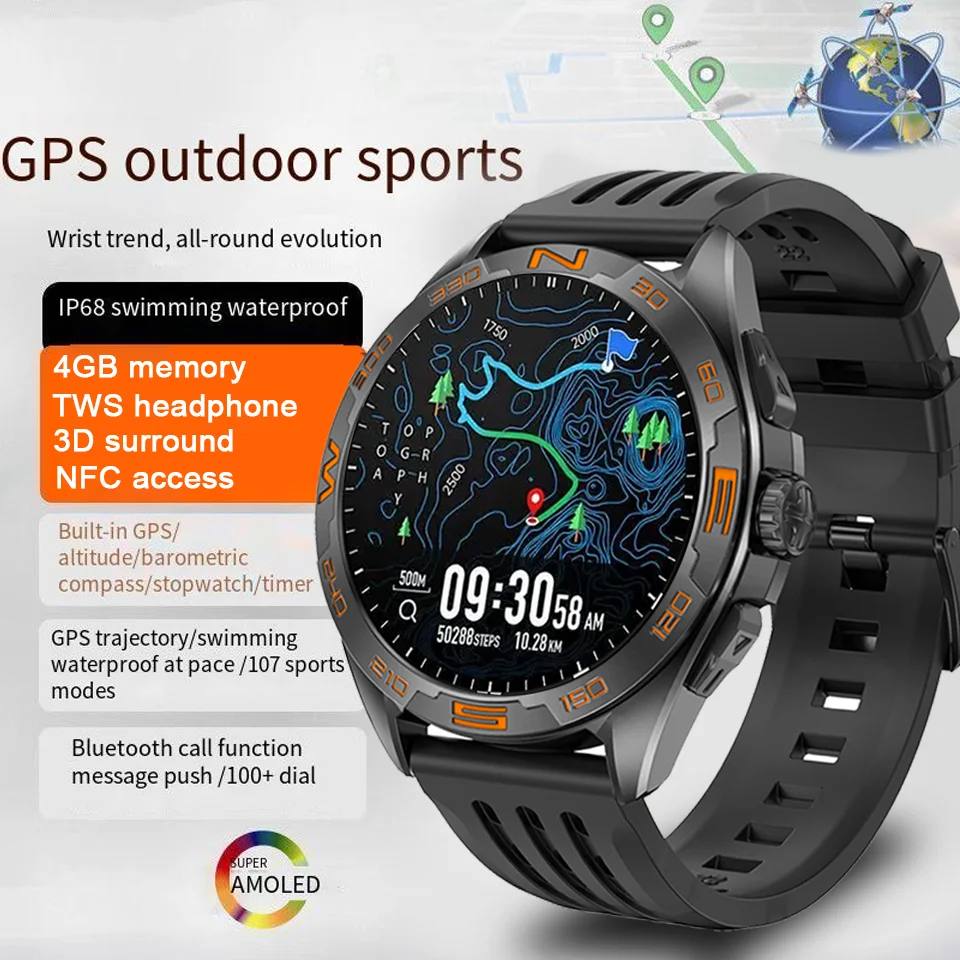 

Смарт-часы с ультра-большой памятью 4 ГБ, GPS, Google Maps, водонепроницаемые, для мужчин, MP3+MP4, запись альбомов, Bluetooth-звонки, 2025