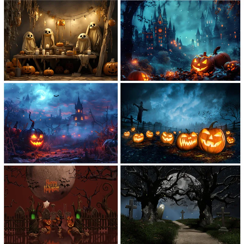 

Halloween Backdrop Full Moon Scary House Night Castle Graveyard Forest Bats Pumpkin Lantern Spooky Photography Background SJ-6