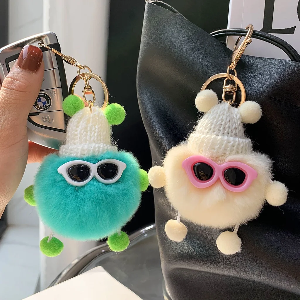 Creative Plush Small Briquettes Keychain Girls Backpack Charm Accessories Multicolor Cartoon Pom Pom Doll With Metal Keyring