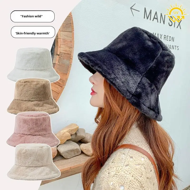Korean Lamb Faux Fur Bucket Hat Lady Winter Warm Soft Panama Hat Outdoor Fisherman Cap For Women Solid Color Beanie Bonnet 2026
