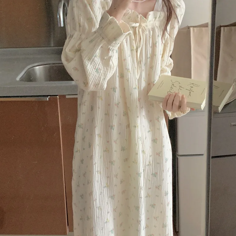 

Sweet Girl Floral Print Long Nightdress Sleepwear Spring New Female Cotton Nightgown Lounge Wear Casual Bathrobe Home Wear