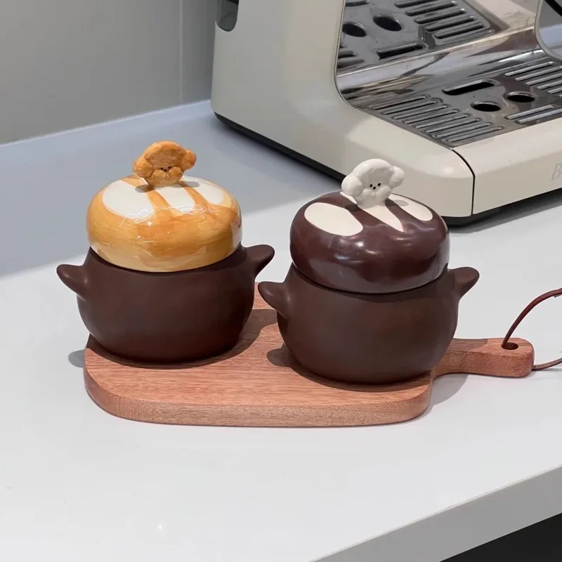Cute Bread‑Dog Ceramic Stew Pot Double‑Ear Lid Design Home Soup Bird's Nest Stewing Small Cooking Bowl