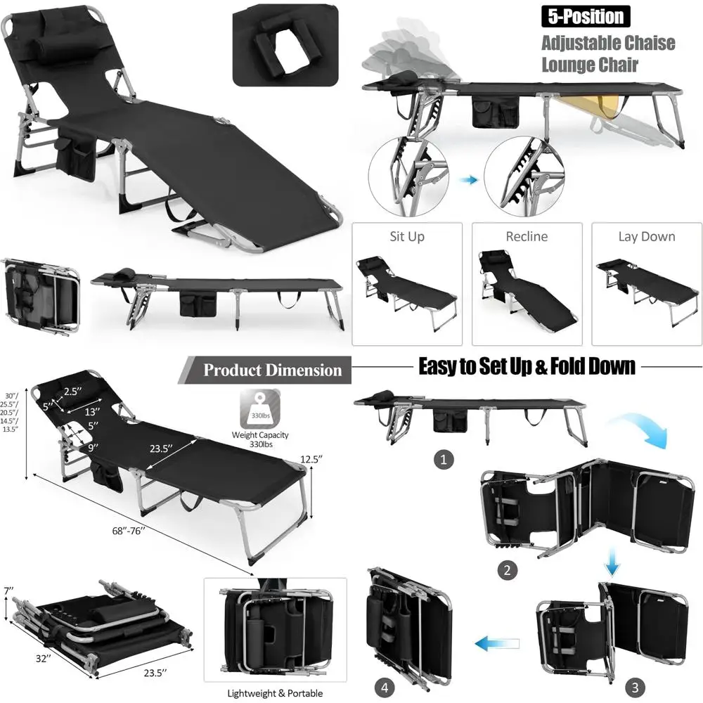 

Giantex Beach Chair Chaise Lounge with Face Arm Hole, Detachable Pillow, Adjustable Backrest, Side Pocket, Carry Handle, Outdoor