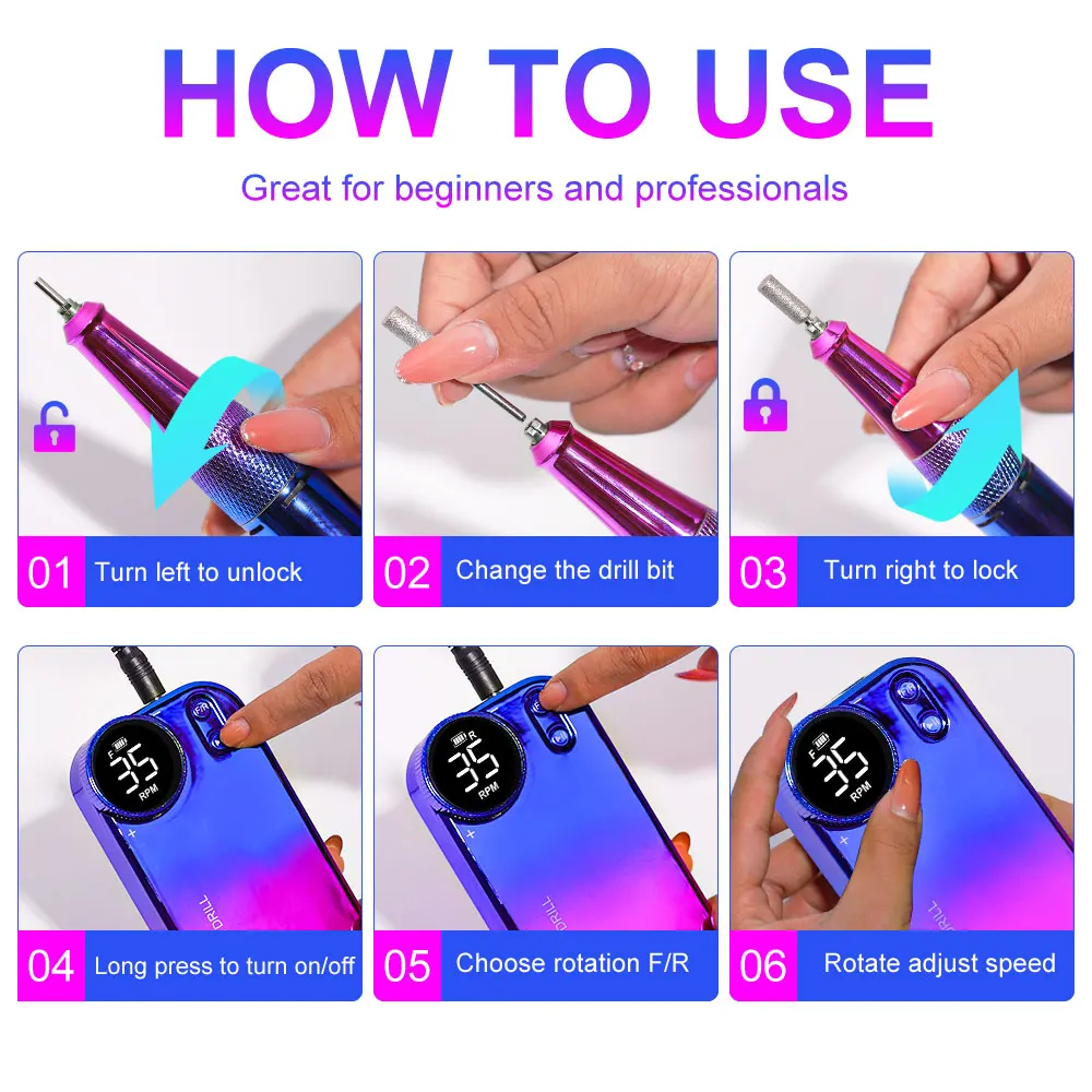 35000 RPM oplaadbare nagelboormachine met LCD-scherm Geluidsarm, professionele nagellakslijper Nagelaccessoireset