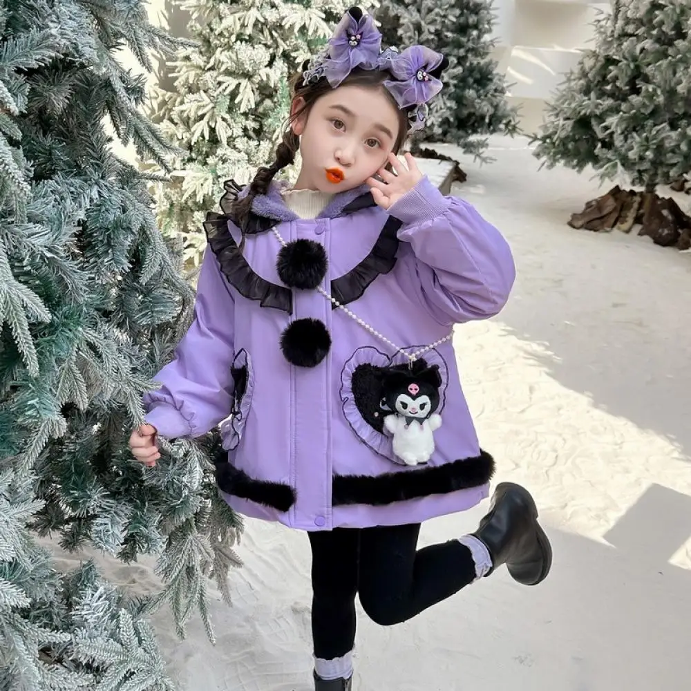 Sanrio Kuromi Cotton Coat Girls Cartoon Plus Velvet Jackets Autumn Winter Kawaii Thicken Outwear Windbreaker Children's Clothing