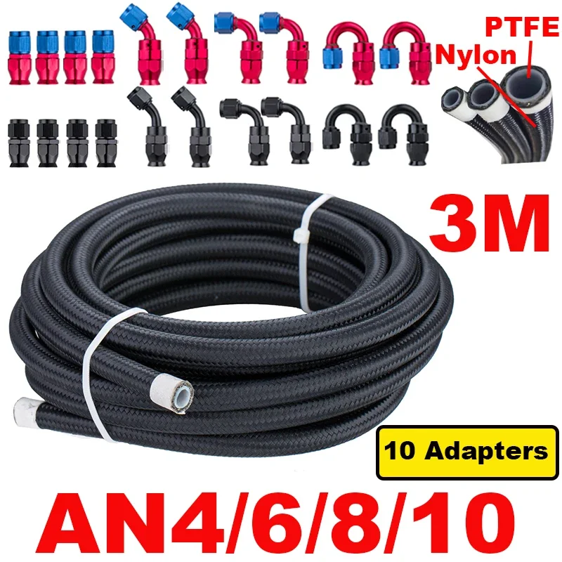 10FT 3M Universal AN4/6/8/10 PTFE Fuel Line Kit Nylon Stainless Steel Braided PTFE Fuel Hose w/ 10pcs Hose End Fitting Adapters