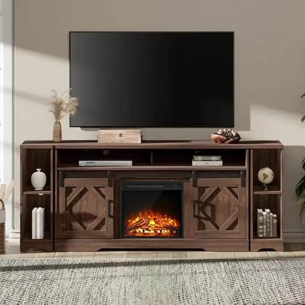 Electric Fireplace TV Stand with Barn Doors Open Storage 2 Heating Modes Adjustable Temperature Remote Control 18